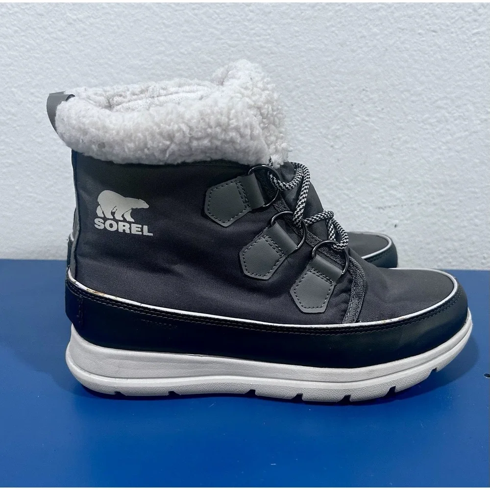 Sorel Explorer Carnival Waterproof Boots Shoes Faux Fur Collar Grey 7 Women's